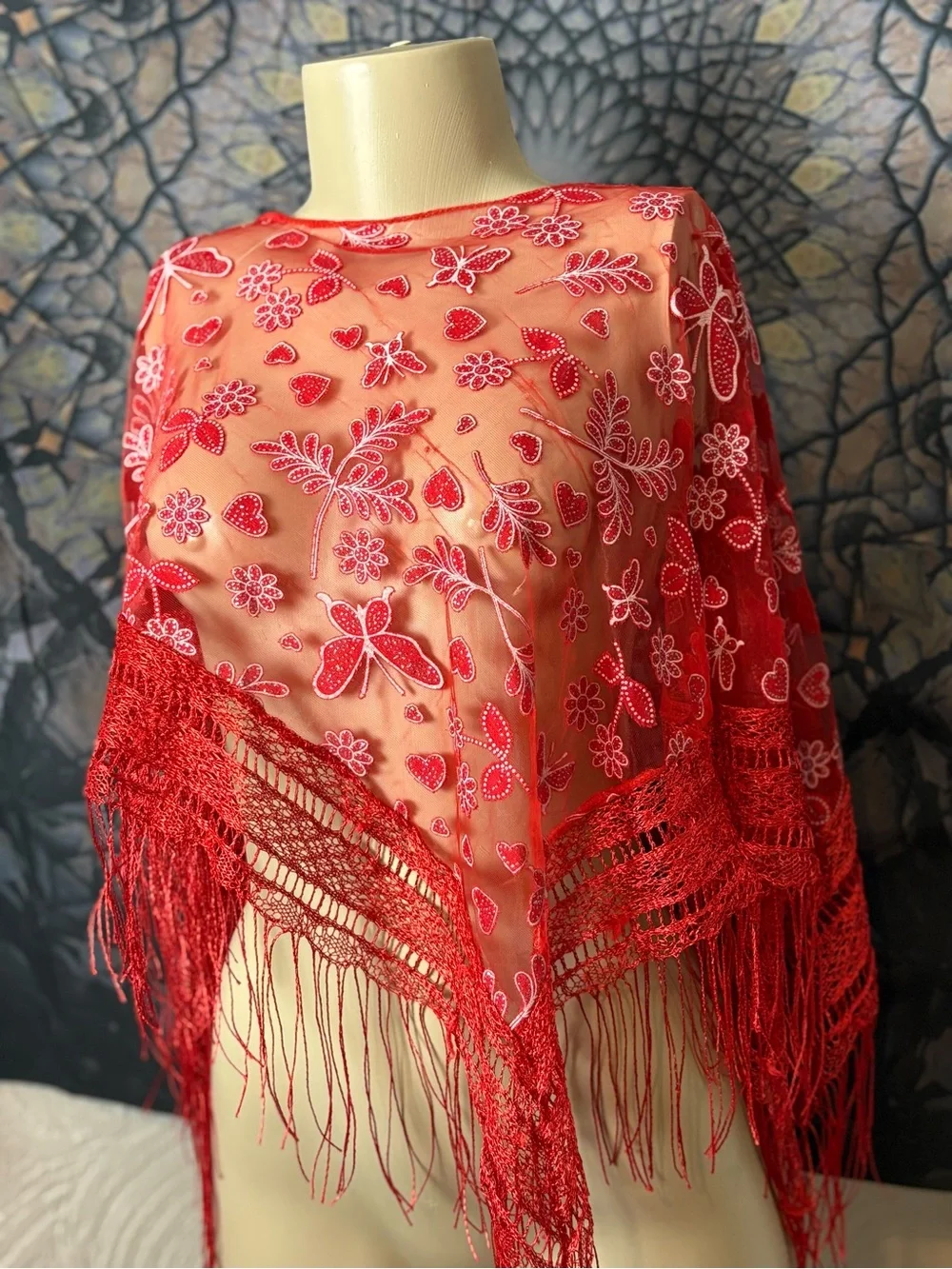 Red Embroidered Fringe Shawl / Scarf Wrap